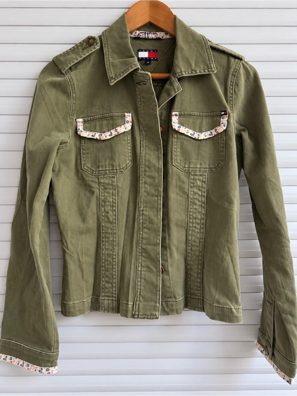 Tommy Hilfiger Military-Style Olive Utility Jacket with Floral Trim
